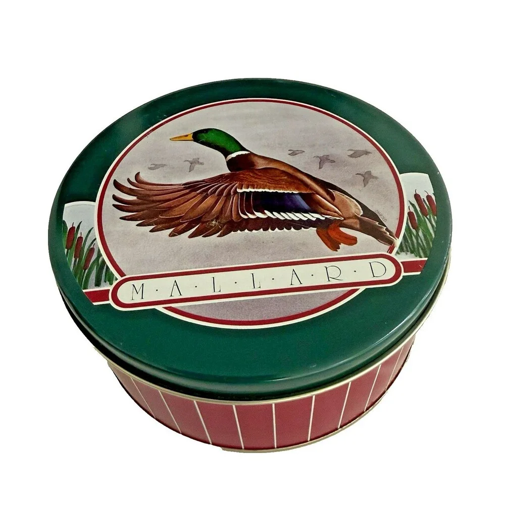 Vintage Mallard Duck Tin Metal Can Container Lid Round 6in Cookie Sewing Candy
